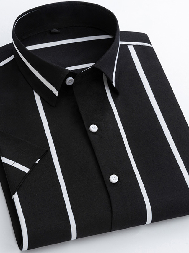 Men S Dress Shirt Black White Dark Navy Short Sleeve Plaid Striped Chevron Round Shirt