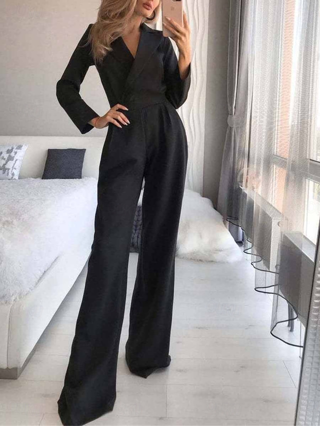  Women's Jumpsuit for Special Occasions Pocket High Waist Solid Color V Neck Streetwear Office Work Regular Fit Long Sleeve Black White Wine S M L Summer