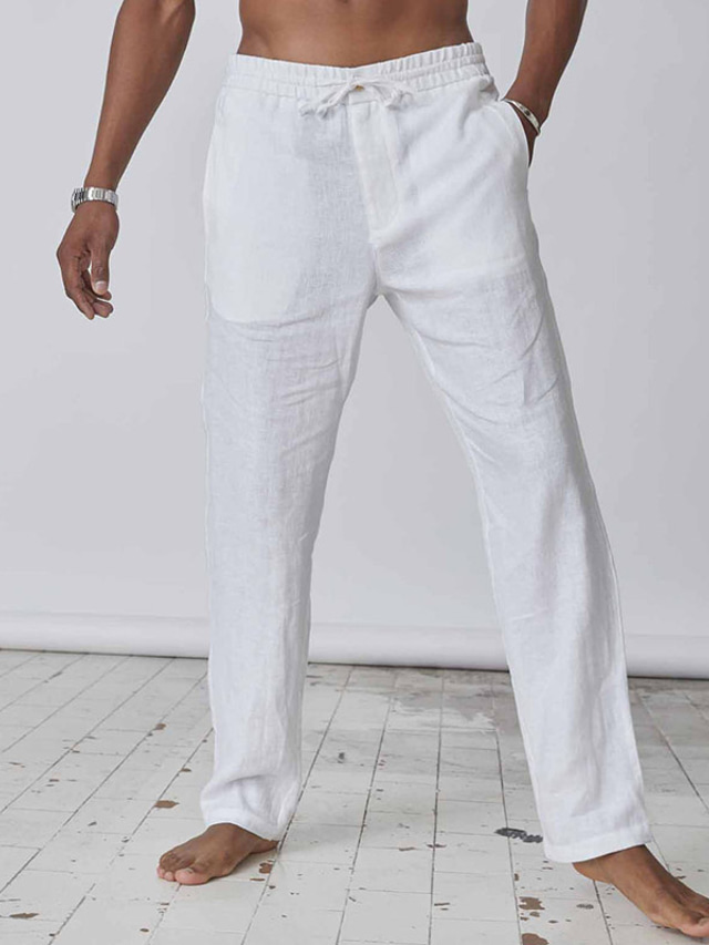  Men's Linen Pants Trousers Summer Pants Pocket Plain Comfort Breathable Outdoor Daily Going out Linen / Cotton Blend Fashion Casual Black White