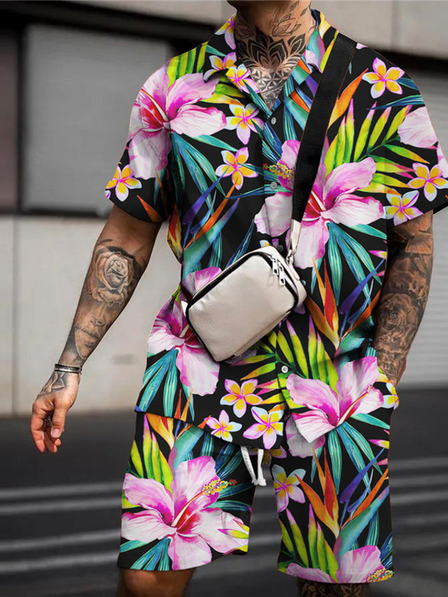  Homme Chemise Ensemble chemises Chemise hawaïenne Floral Imprimés Photos Feuilles Col rabattu Rose Claire Bleu Vert Extérieur Plein Air Manches courtes Imprimer Vêtement Tenue Mode Vêtement de rue