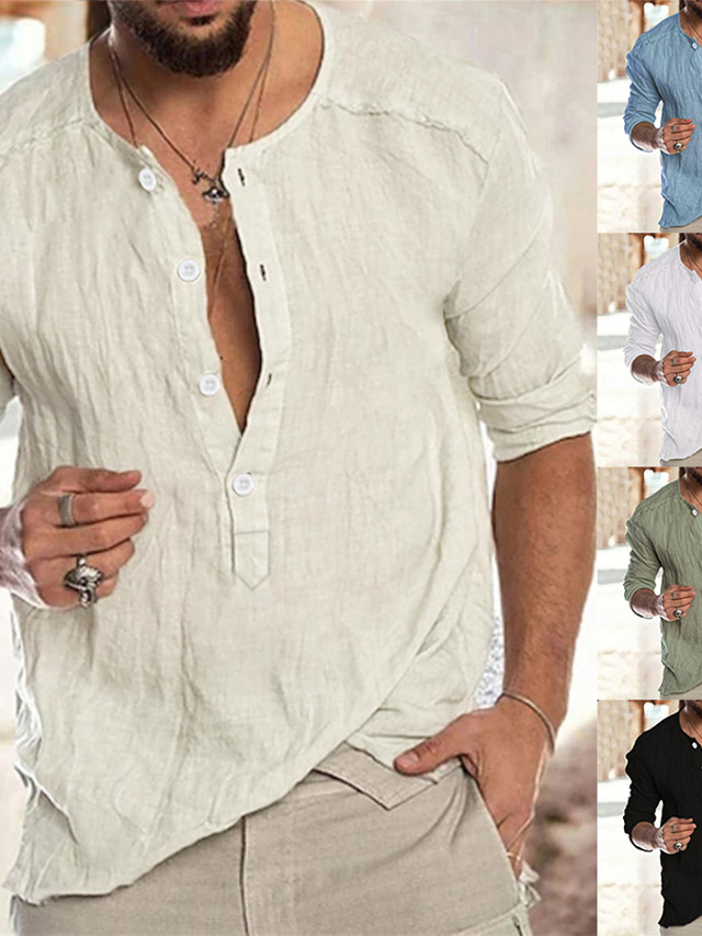  Men's Shirt Solid Color Collar Black White Green Khaki Light Blue Outdoor Street Long Sleeve Button-Down Clothing Apparel Fashion Designer Casual Big and Tall