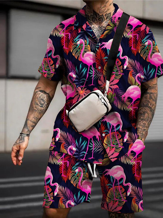  Herre Skjorte Skjorte sæt Hawaii skjorte Blomstret Flamingo Grafiske tryk Blade Aftæpning Sort Hvid Lyserød Mørkegrøn Grøn udendørs Gade Kort Ærme Trykt mønster Tøj Mode Gade Designer Blødt