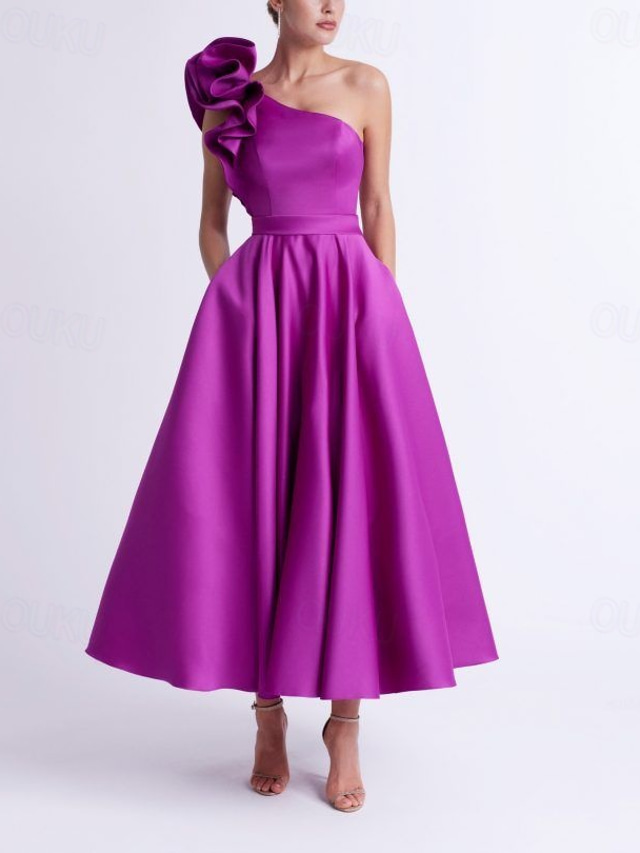  Vestidos de Cóctel en A Línea Vestido Elegante Invitada de Boda Ropa de Fiesta Longitud de Tobillo Sin Mangas Un Hombro Con Bolsillo Satén con Volantes Vestidos