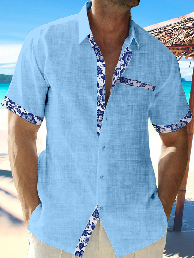  Men's Linen Shirt Casual Shirt Summer Shirt Beach Shirt Black White Pink Short Sleeve Plain Lapel Spring & Summer Hawaiian Holiday Clothing Apparel Front Pocket