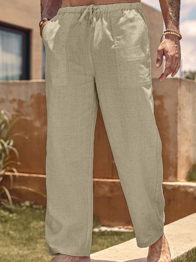  Men's Linen Pants Trousers Summer Pants Pocket Drawstring Elastic Waist Plain Outdoor Daily Going out Linen / Cotton Blend Streetwear Stylish White Pink