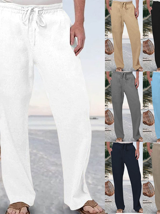  Муж. Льняные брюки Штаны Летние штаны Карман Полотняное плетение Комфорт Дышащий на открытом воздухе Повседневные На выход Мода На каждый день Черный Белый