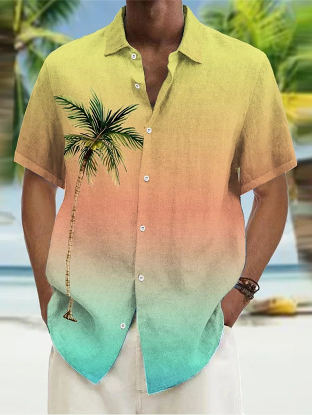  Męskie Koszula Koszula hawajska Gradient Drzewo kokosowe Wzory graficzne Wieczorne Pomarańczowy Szary Na zewnątrz Ulica Krótkie rękawy Nadruk Odzież Moda Moda miejska Designerskie Codzienny