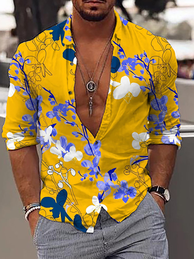  Bărbați Cămașă Floral Imprimeu Grafic Răsfrânt Galben Albastru piscină În aer liber Stradă Manșon Lung Imprimeu Îmbrăcăminte Modă Șic Stradă Designer Casual