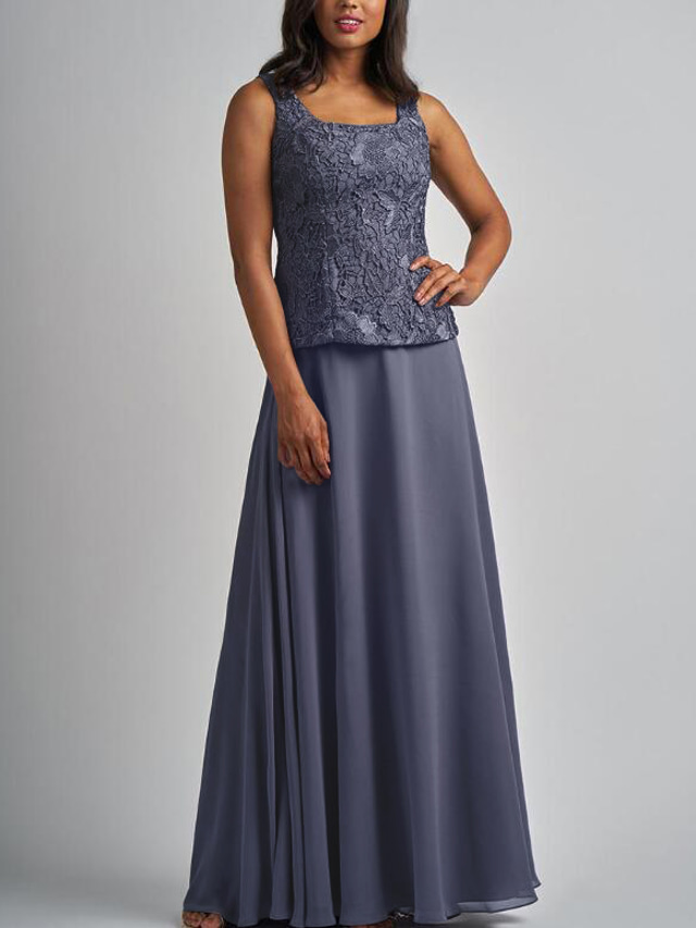  Two Piece A-Line Mother of the Bride Dress Elegant Wrap Included Square Neck Floor Length Chiffon Lace 3/4 Length Sleeve with Appliques free custom size
