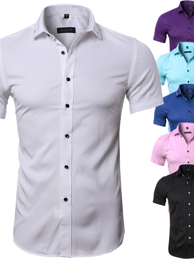  Camisa masculina manga curta sem ferro top ajuste regular botão para baixo camisa de vestido de verão/casamento
