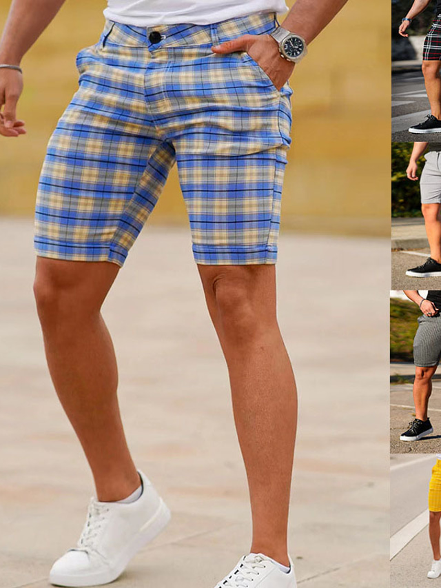  Homens Calção Shorts Chino Bolsos Xadrez Listra Conforto Respirável O negócio Diário Moda Casual Preto Amarelo
