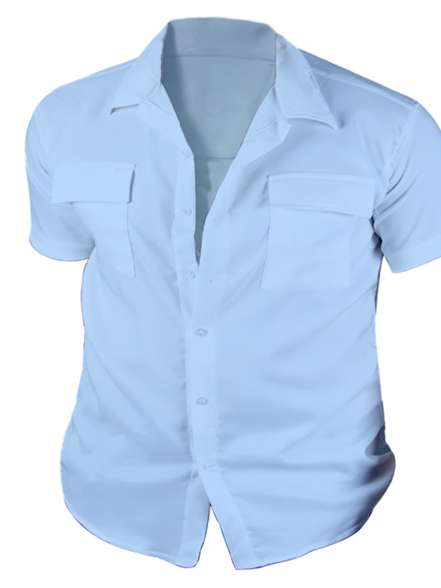  男性用 シャツ ボタンアップシャツ カジュアルシャツ サマーシャツ ホワイト ブルー カーキ色 半袖 平織り ラペル 日常 バケーション フロントポケット 衣類 ファッション カジュアル 快適