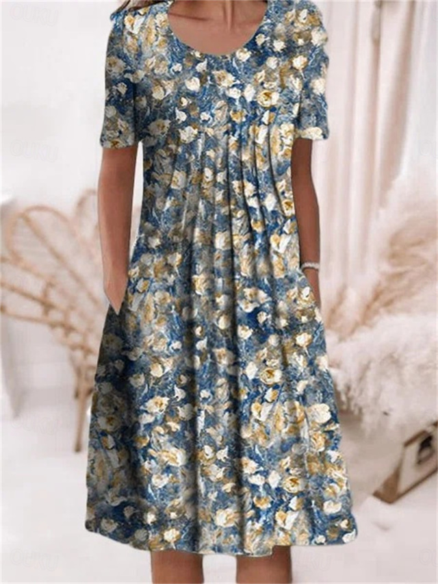  Women's Polyester Floral Ruched Print Crew Neck Midi Dress Daily Date Short Sleeve Summer Spring