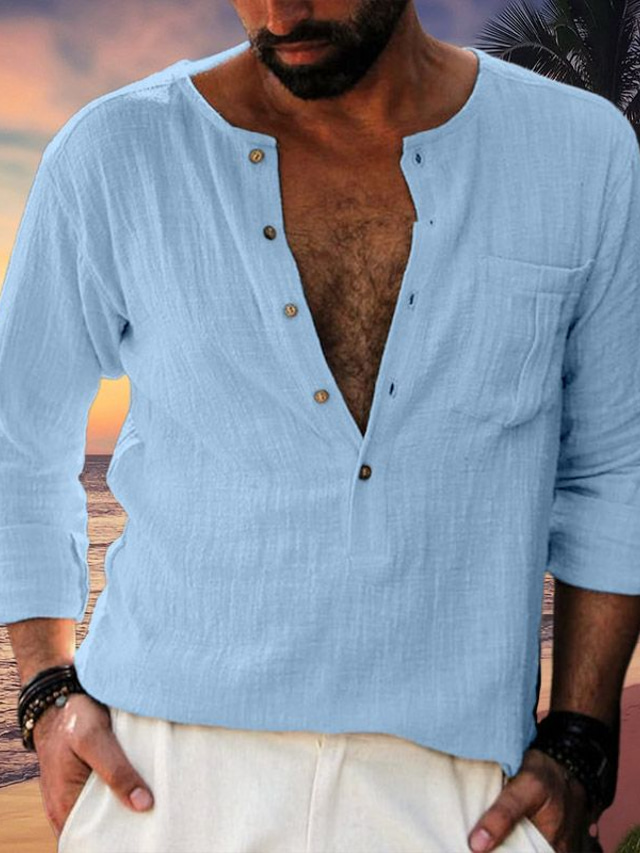  Męskie Koszula lniana koszula Letnia koszula Koszula plażowa Koszula Henley Biały Niebieski Brązowy Długi rękaw Równina Henley Wiosna i lato Codzienny Hawajskie Odzież Przednia kieszeń