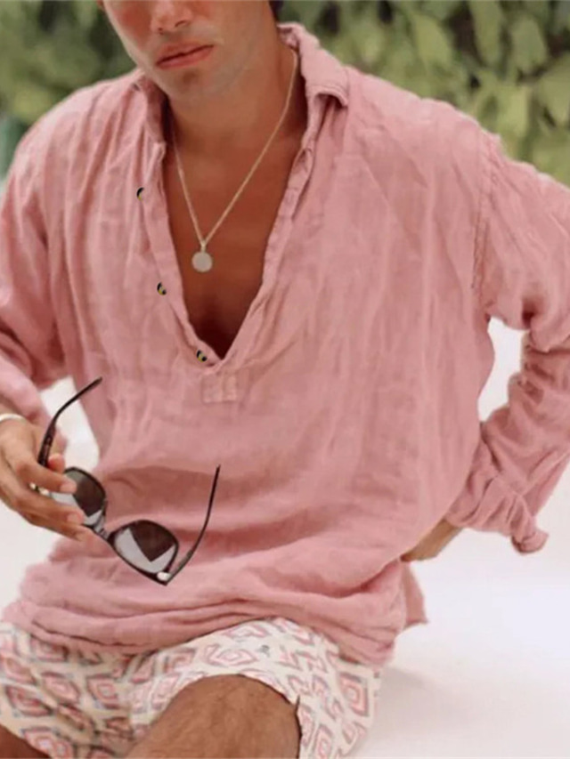  Per uomo Camicia Camicia estiva Maglietta informale Rosa Manica lunga Liscio Bavero Giornaliero Da mare Abbigliamento Di tendenza Informale Comodo