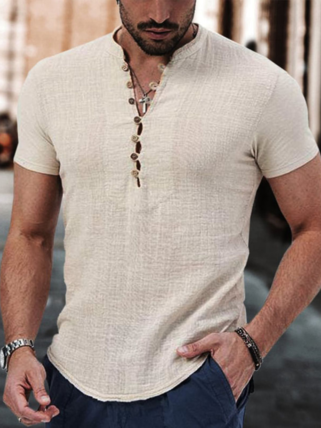  Pánské plátěná košile Košile pro volný čas Letní košile Tričko Henley Černá Bílá Fialová Krátký rukáv Bez vzoru Do V Léto Ležérní Denní Oblečení