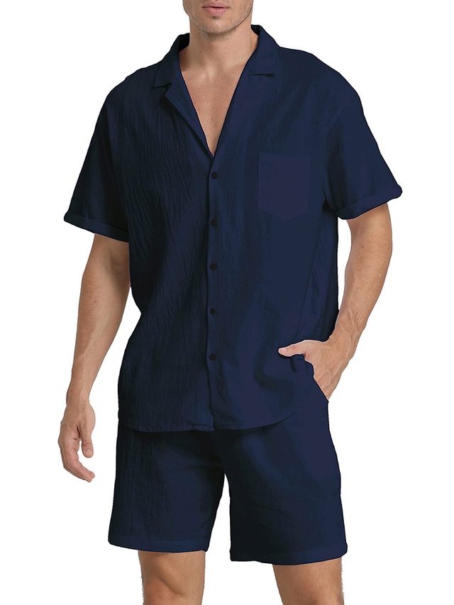  Men's Shirt Linen Shirt 2 Piece Shirt Set Summer Set Black White Blue Short Sleeve Plain Lapel Spring & Summer Hawaiian Holiday Clothing Apparel Pocket