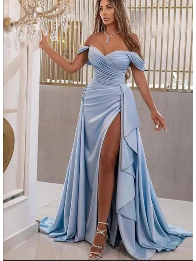  A-Line Prom Dresses High Split Dress Wedding Guest Prom Sweep / Brush Train Sleeveless Sweetheart Satin with Slit  dress to impress 2024