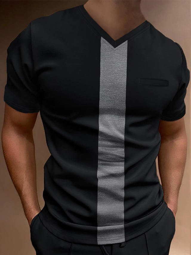  Men's T shirt Tee Color Block V Neck Vacation Going out Short Sleeves Clothing Apparel Fashion Basic Casual