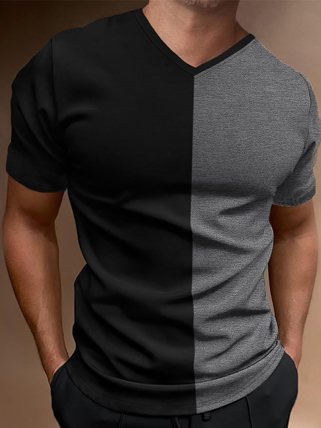  Men's T shirt Tee Color Block V Neck Vacation Going out Short Sleeves Clothing Apparel Fashion Basic Casual