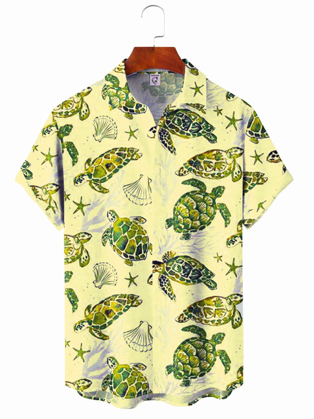  Hombre Camisa camisa hawaiana Estampados Tortuga tortugas Cuello Vuelto Amarillo Azul Piscina Azul cielo Calle Casual Mangas cortas Abotonar Estampado Ropa Moda Ropa de calle Design Suave