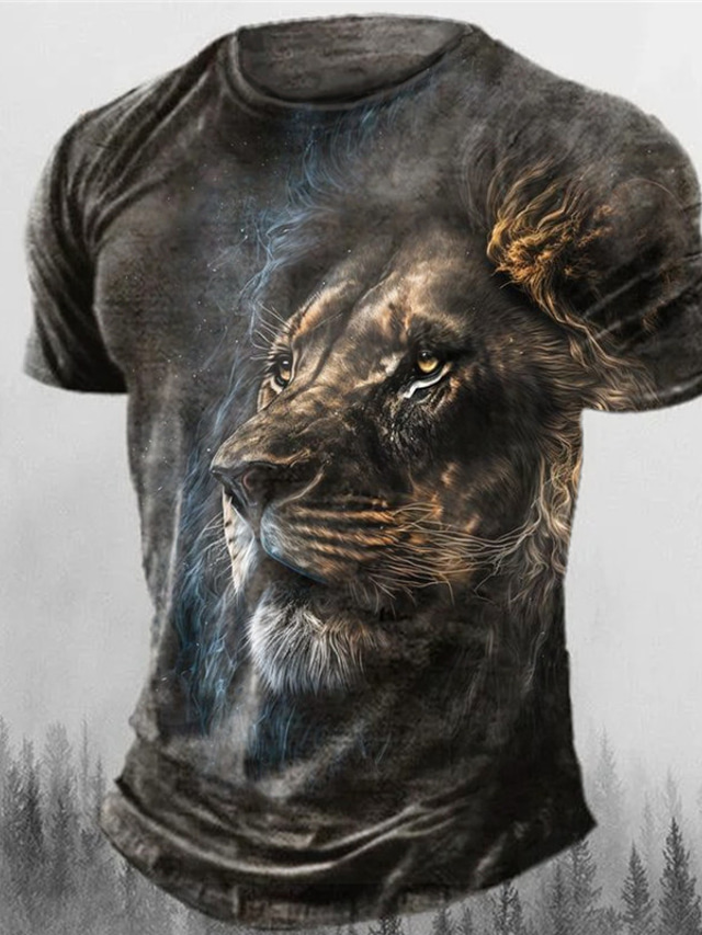  Herre T-shirt Grafisk Dyr Løve Rund hals Tøj 3D-udskrivning udendørs Daglig Kortærmet Trykt mønster Mode Designer Årgang