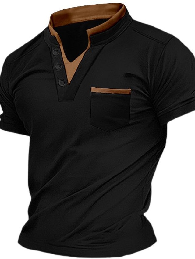  Hombre Henley Shirt Camiseta superior Plano Escote en Pico Calle Vacaciones Mangas cortas Bolsillo delantero Ropa Moda Design Básico