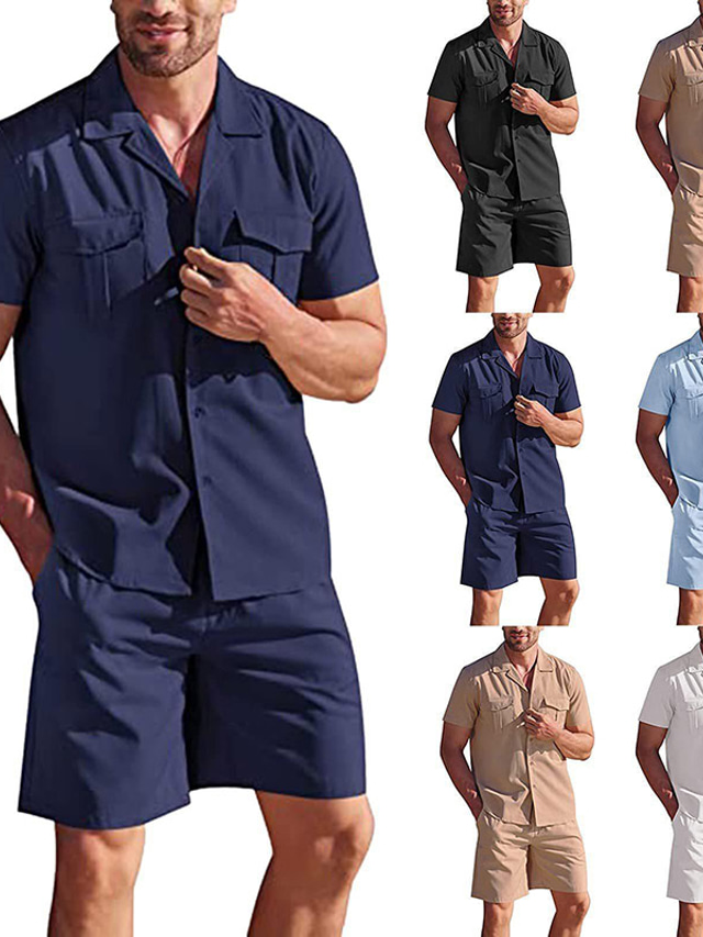  Men's Linen Shirt Shirt Shirt Set Black White Blue Short Sleeve Plain Lapel Spring & Summer Hawaiian Holiday Clothing Apparel Pocket