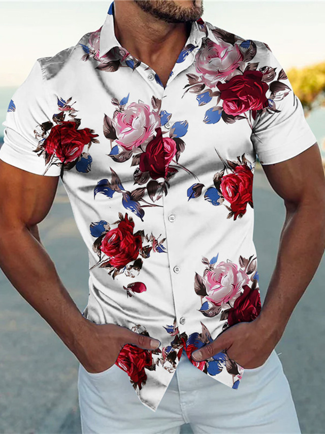  Men's Shirt Floral Graphic Prints Turndown Black White Navy Blue Blue Gold Outdoor Street Short Sleeves Print Clothing Apparel Fashion Streetwear Designer Casual