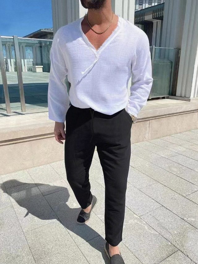  Per uomo Camicia camicia di lino 2 pezzi Completo di camicia Nero Bianco Blu Manica corta Liscio A V Primavera estate Hawaiano Per eventi Abbigliamento Tasche