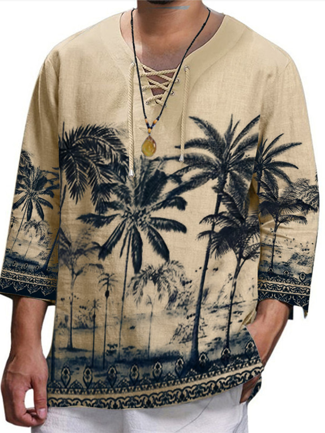 Men's T shirt Tee Graphic Coconut Tree V Neck Clothing Apparel 3D Print Outdoor Daily Long Sleeve Lace up Print Fashion Designer Comfortable