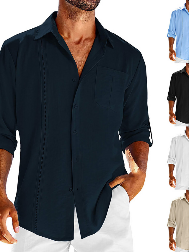  Pánské Košile plátěná košile Košile pro volný čas Letní košile Plážová košile Černá Bílá Vodní modrá Dlouhý rukáv Bez vzoru Klopa Jaro léto Havajské Dovolená Oblečení Kapsy