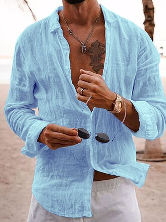  Men's Linen Shirt Casual Shirt Summer Shirt Beach Shirt Black White Pink Long Sleeve Plain Lapel Spring & Summer Hawaiian Holiday Clothing Apparel Basic