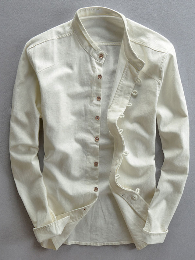  Ανδρικά λινό πουκάμισο Σκέτο παππούς Κορδέλα Κολάρο Λευκό Βαθυγάλαζο Γκρίζο Δουλειά Εξόδου Μακρυμάνικο Ρούχα Λινό Βίντατζ Δουλειά Άνετο