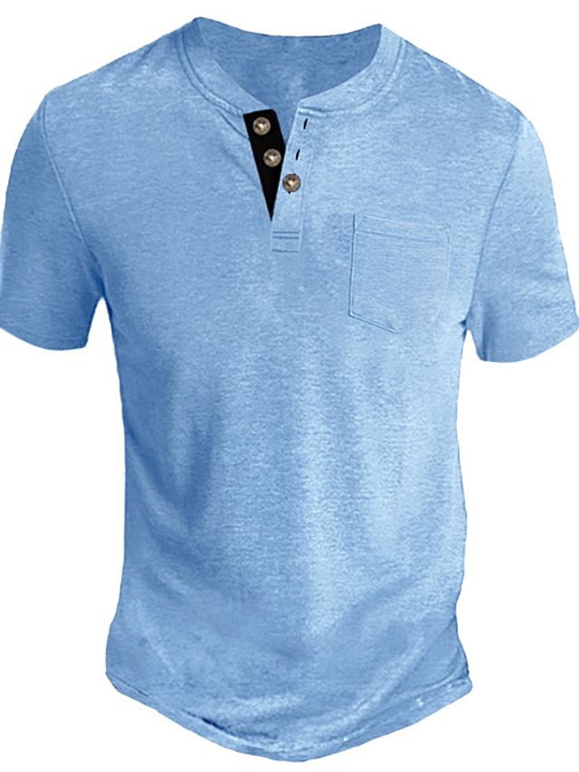  Hombre Henley Shirt Camiseta superior Plano Henley Calle Vacaciones Manga Corta Botón Bolsillo Ropa Moda Design Básico