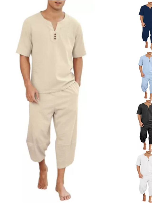 Ensemble De Loisirs 2 Pièces Homme En Coton Et Lin - Chemise Manches Longues Et Pantalon De Jogging, Décontracté
