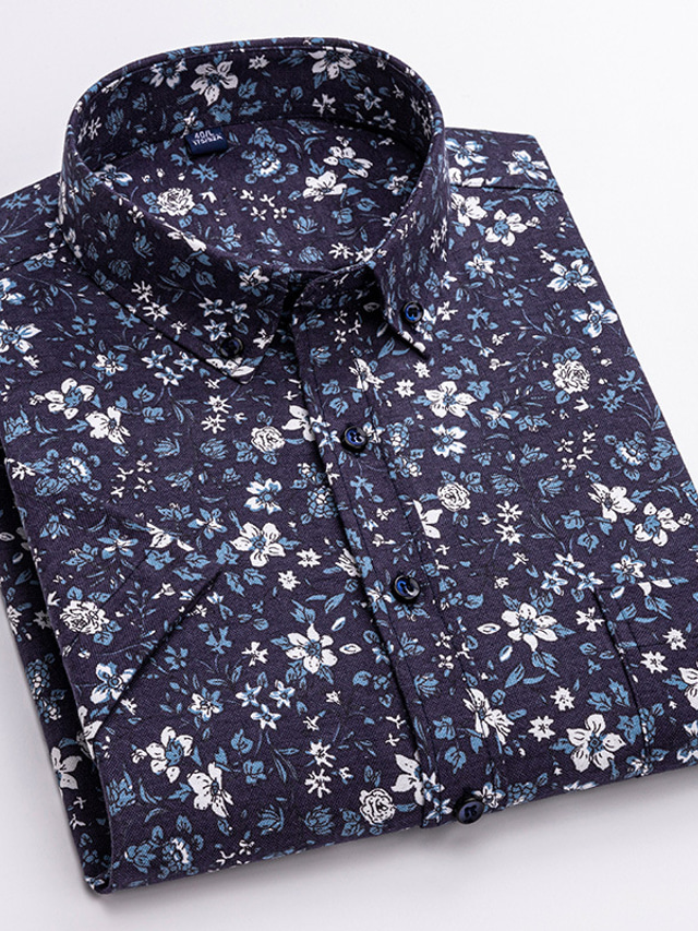  Men's Dress Shirt Black Dark Navy Navy Blue Short Sleeve Flower / Plants Shirt Collar Spring & Summer Daily Wear Date Clothing Apparel