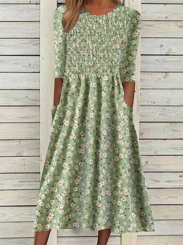  Rochie Midi Femei Floral Ditsy Ruched cu Buzunar Mâneci Scurte Gât Crew Zile Zile De Vacanță Vară Primăvară