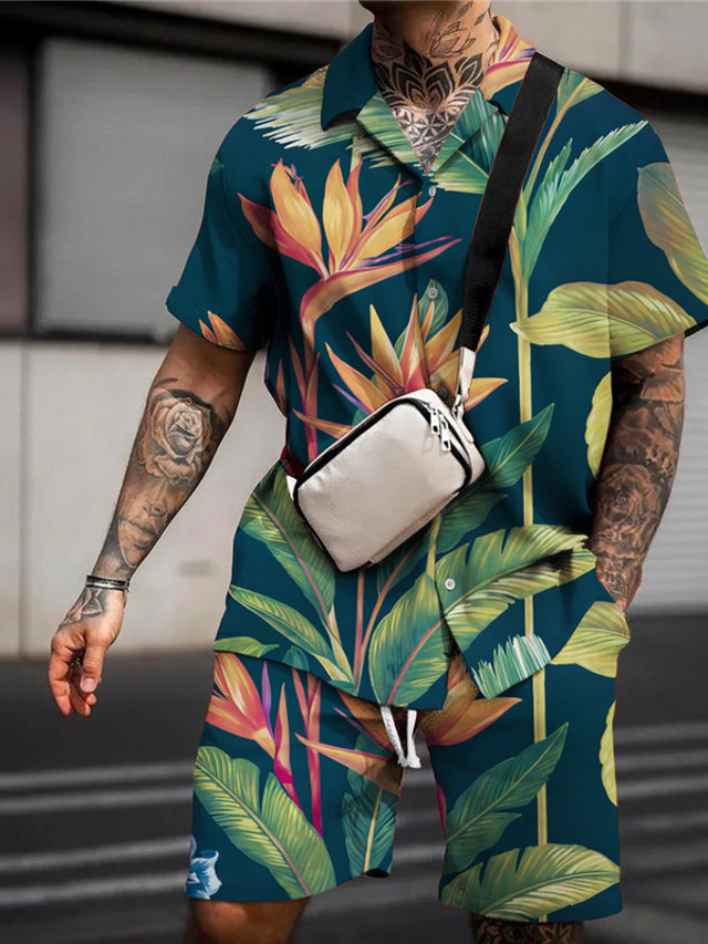  Homens Camisa Social Conjunto de camisa Camisa havaiana Floral Estampas Abstratas Folhas Aberto para a Lateral Azul Marinha Azul Roxo Ao ar livre Rua Manga Curta Imprimir Roupa Moda Roupa de rua