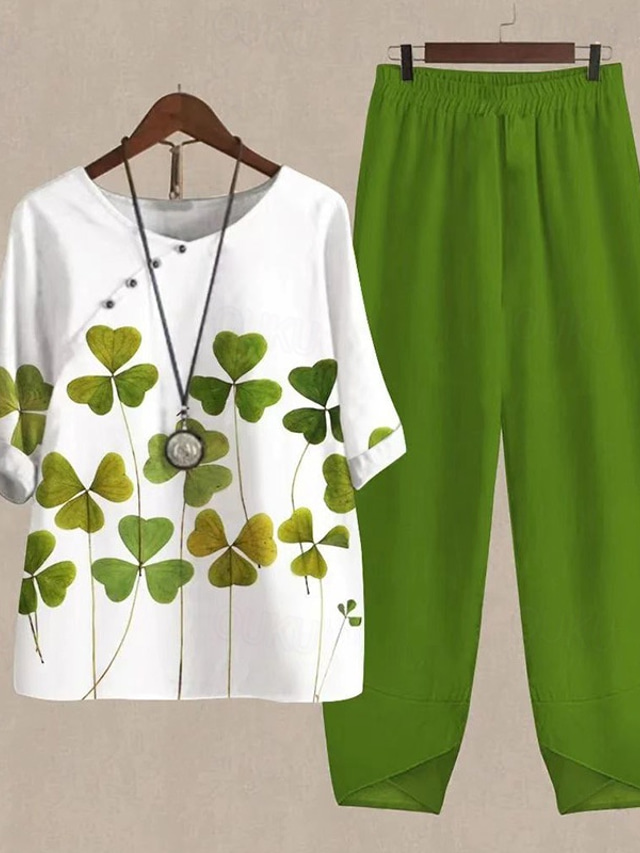  Women's 2 Pieces Elegant Vacation Vintage Shirt Pants Sets Pants Trousers Short Sleeve Round Neck Floral Plaid Print Casual Daily Black Light Green Purple Fall & Winter Regular Fit