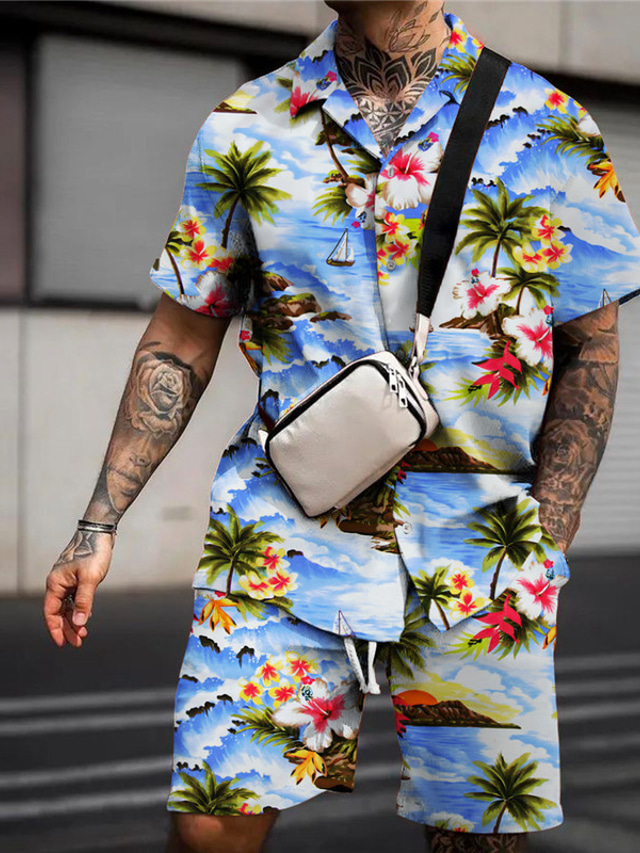  Men's Shirt Summer Hawaiian Shirt Shirt Set Coconut Tree Graphic Prints Beach Turndown Blue Light Blue Outdoor Street Short Sleeves Print Clothing Apparel Fashion Streetwear Designer Soft