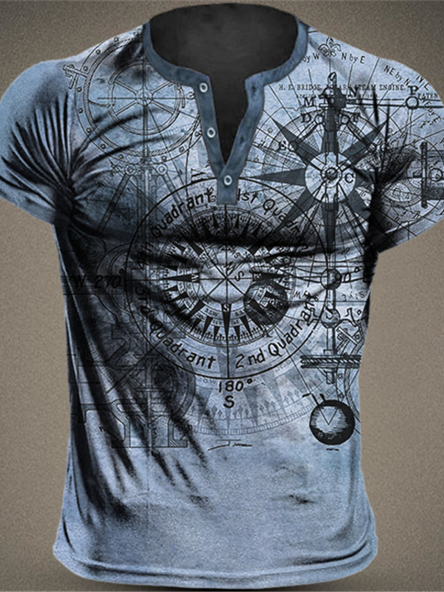  Men's Henley Shirt Graphic Compass Henley Clothing Apparel 3D Print Outdoor Daily Short Sleeve Button-Down Print Fashion Designer Comfortable
