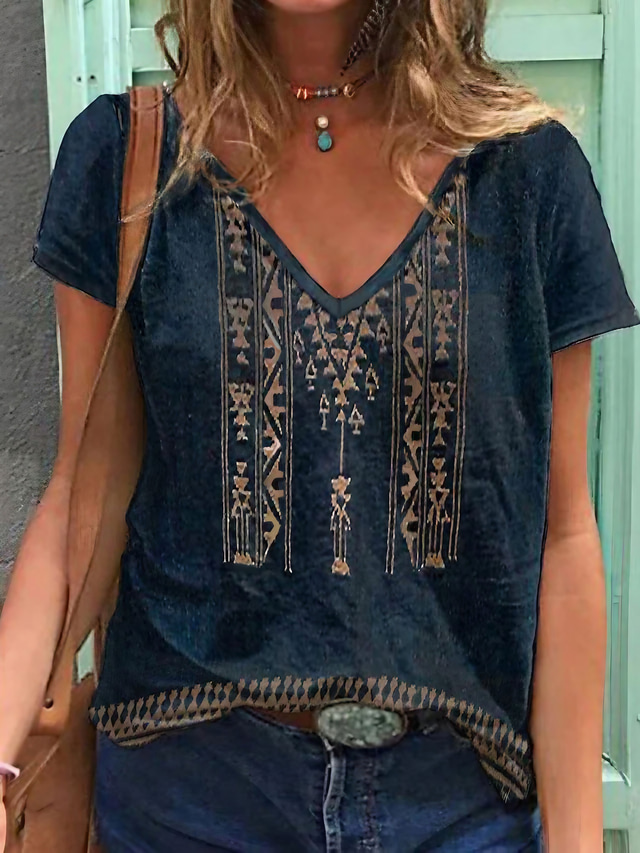  Mujer Camiseta Azul Piscina Geométrico Diario Noche Básico Étnico Escote en Pico S