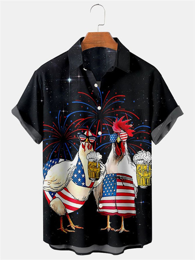  Voor heren Overhemd Hawaiiaans overhemd Bloemig Grafische prints Papegaai Amerikaanse vlag Turkije Strijkijzer Zwart Geel Zwart / Rood Marine Blauw blauw Buiten Straat Korte Mouw Afdrukken Kleding