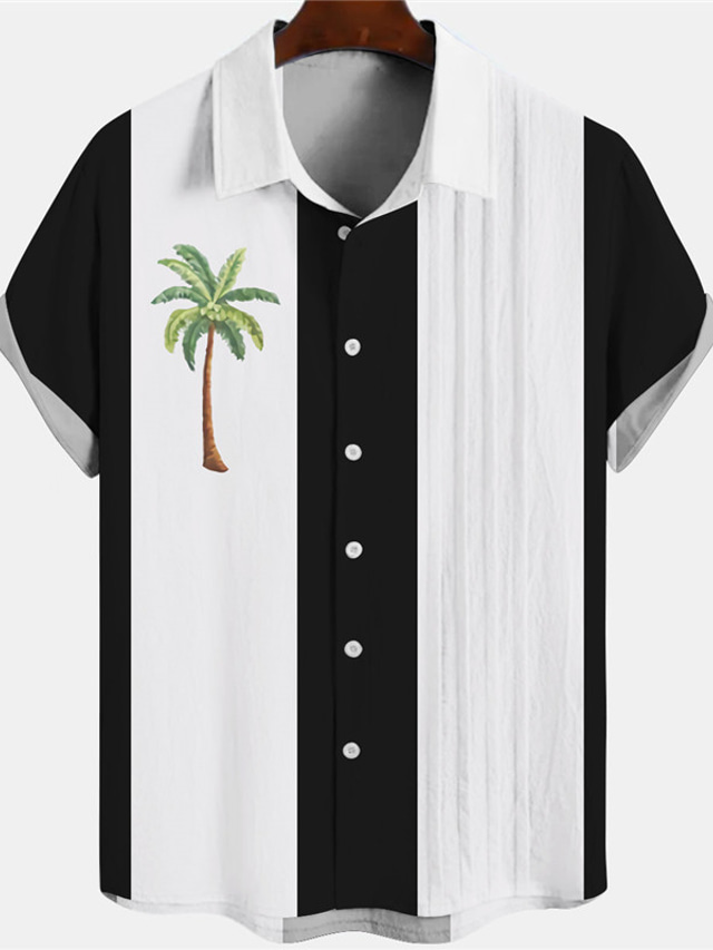  Męskie lniana koszula Koszula Drzewo kokosowe Prążki Wzory graficzne Wieczorne Czarny Wino Na zewnątrz Ulica Krótki rękaw Nadruk Odzież Len Moda Moda miejska Designerskie Codzienny