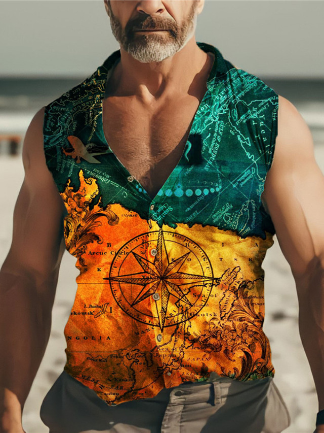  Bărbați Cămașă cămașă de in Imprimeu Grafic Epocă Busolă Răsfrânt Albastru piscină În aer liber Stradă Fără manșon Imprimeu Îmbrăcăminte In Modă Șic Stradă Designer Casual