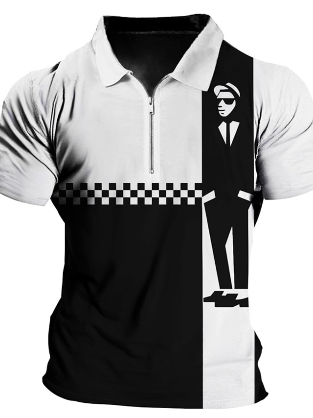  Herr Zip Polo POLO Shirt Golftröja Rutig Grafiska tryck Stående Nedvikt Svart Vit Utomhus Gata Kort ärm Dragkedja Mönster Kläder Mode Designer Ledigt Andningsfunktion