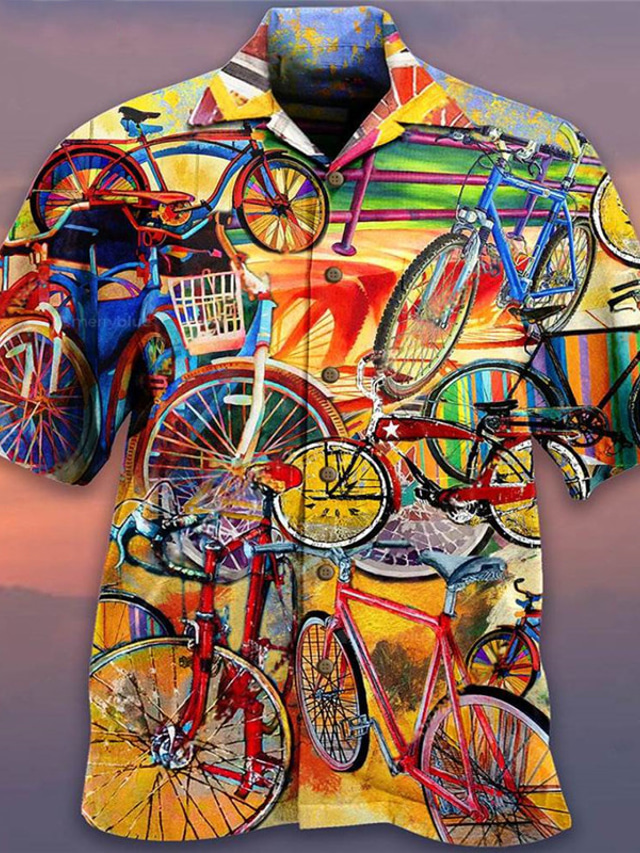  رجالي قميص قميص هاواي مطبوعات غرافيك الدراجة الياقة الكوبية أصفر أزرق أخضر الأماكن المفتوحة فضفاض كم قصير طباعة ملابس الرياضات موضة أناقة الشارع مصمم
