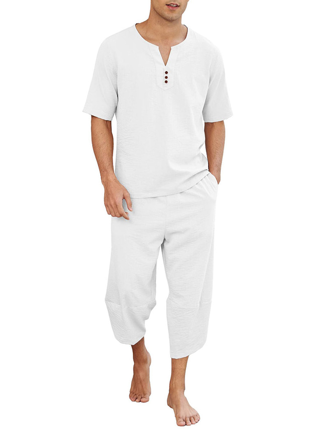  Men's Shirt Linen Shirt 2 Piece Shirt Set Summer Set Black White Blue Short Sleeve Plain V Neck Spring & Summer Hawaiian Holiday Clothing Apparel Pocket