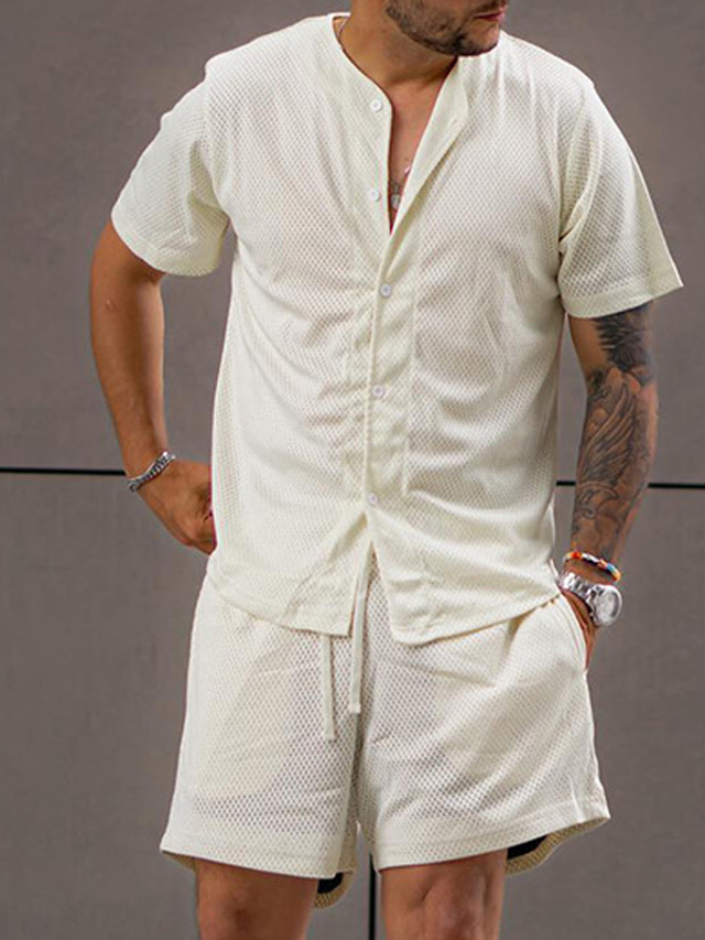  Men's Shirt Shirt Set Button Up Shirt Casual Shirt Summer Shirt Beige Short Sleeves Plain Collar Street Daily 2 Piece Clothing Apparel Fashion Ethnic Casual